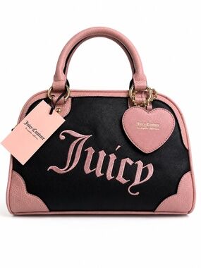 Juicy Couture Black Pink Heart Bowler Bag Embroidered Logo Satchel Purse Xbody